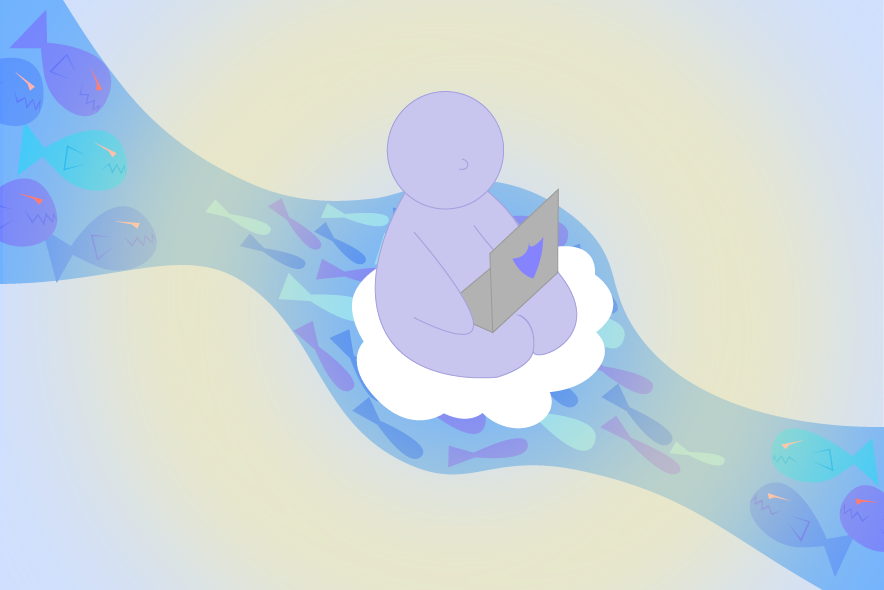 Illustration: un personnage tout en rondeur navigue sur une bouée, assis, un ordinateur sur les genoux sur lequel est dessiné un bouclier. Il navigue sur un ruisseau dans lequel on distingue des poissons d'apparence menaçante.