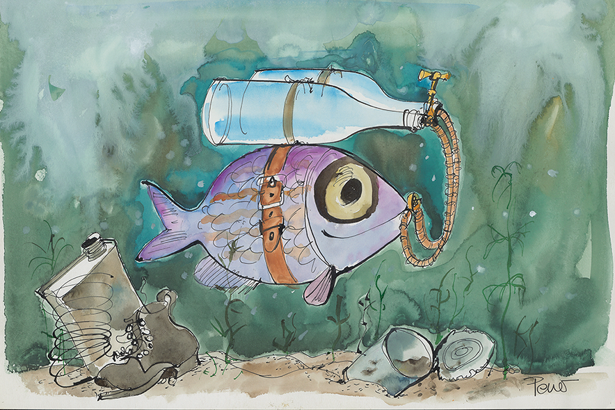 Dessin d'André Paul, un poisson qui nage avec des bouteilles d'oxygène dans des eaux polluées.