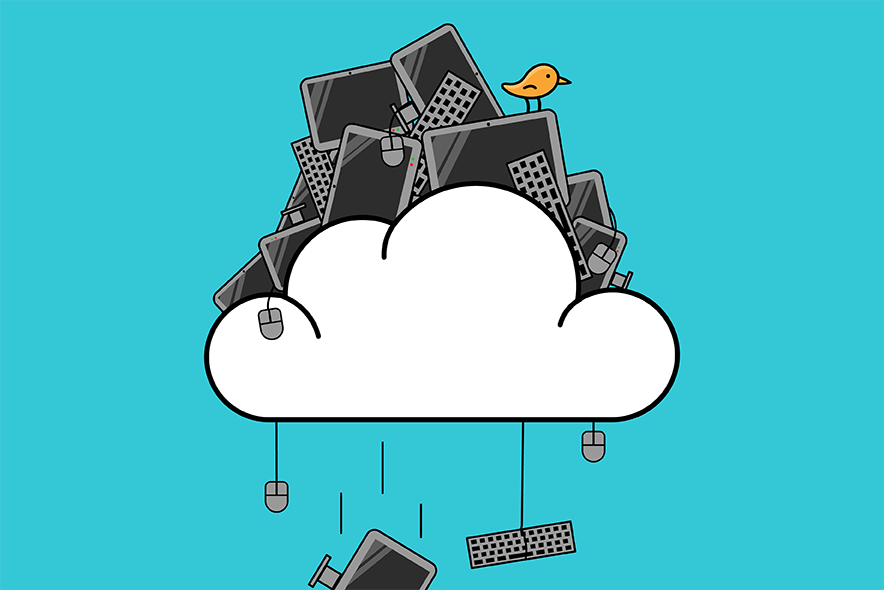 Illustration: sur un nuage (cloud) dans le ciel sont amassés des claviers et des écrans d'ordinateur en vrac. Perché dessus, un oiseau orange a l'air morne. Au-dessous du nuage pendent des souris d'ordinateurs.