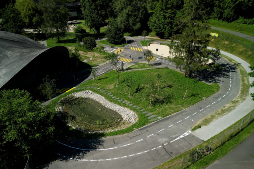 Vue d'ensemble du jardin de circulation après renaturation, avec des arbres et un étang