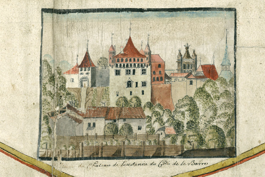 Détail de la vue de la paroisse de Lutry, signés Abraham Augustin Michel 