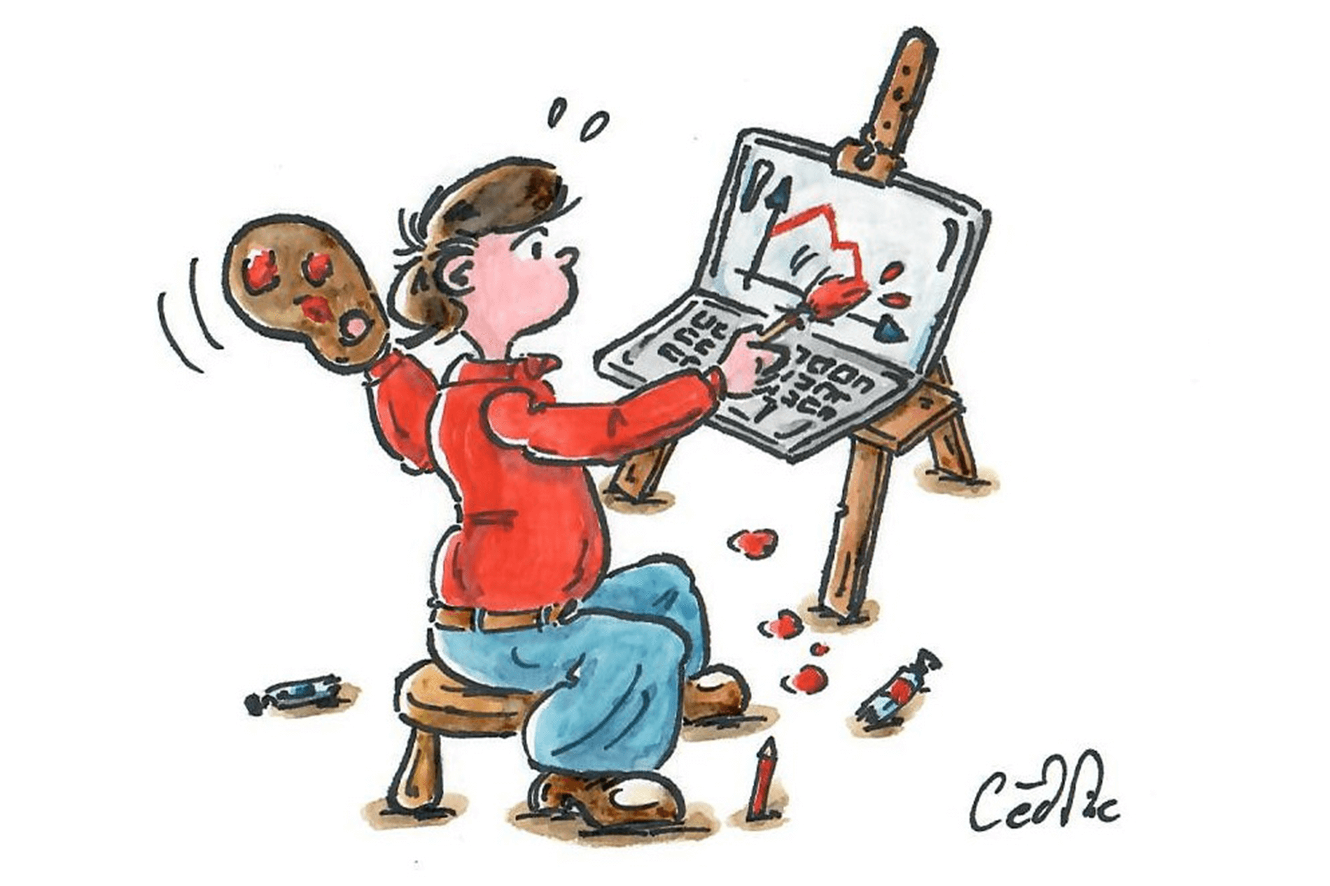 Dessin: l'artiste se représente en train de peindre par dessus l'écran de son ordinateur portable.