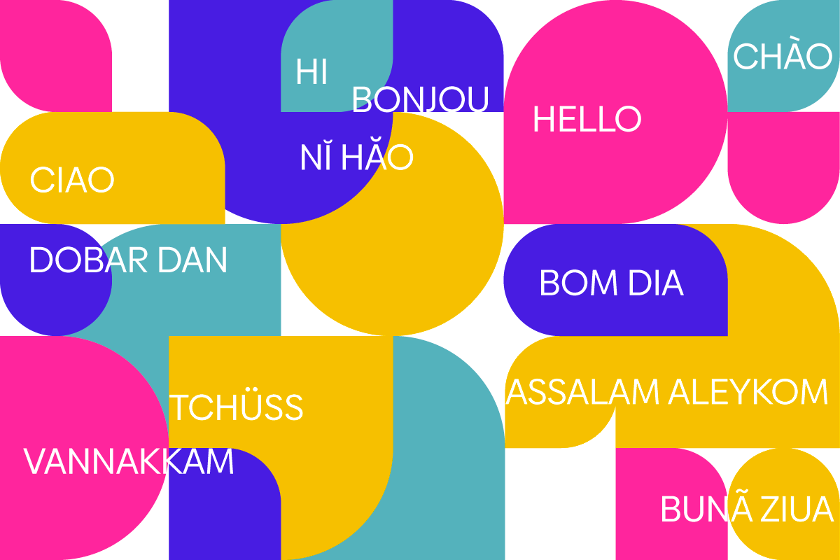 Illustration: formes en couleur sur lesquelles on lit les mots équivalents de "Bonjour" dans différentes langues (Hello, Bom dia, Assalam Aleykom, et caetera.)