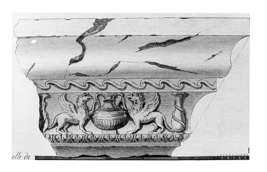 On voit bien sur ce dessin les deux griffons entourant un canthare, vase grec à anses