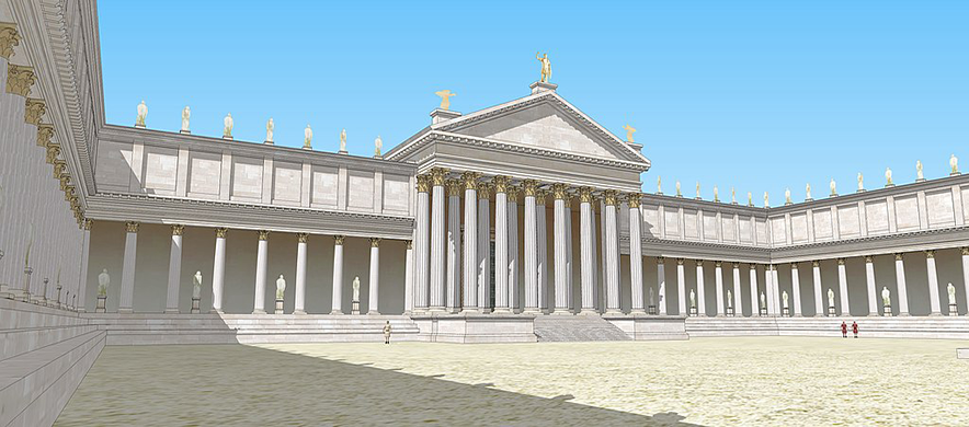 Un très large temple carré vu de l'intérieur de la cour, avec une colonnade impressionnante et un grand fronton.