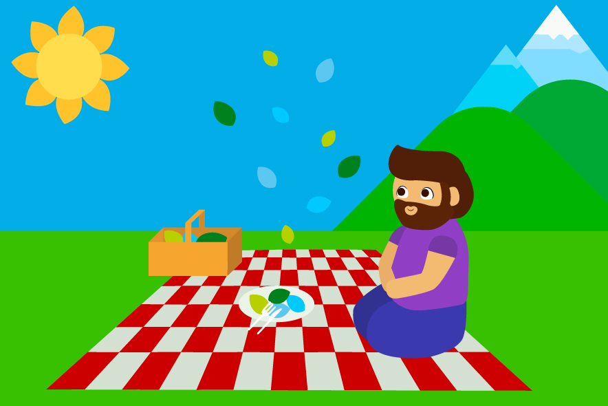 Dessin de style naïf: un jeune homme barbu assis sur une couverture de pique-nique à carreaux, sur laquelle est posée une assiette remplie. On voit un panier de pique-nique, un fond montagneux et un gros soleil.