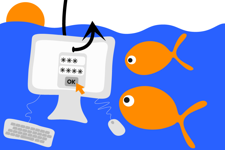 Dessin: deux poissons s'intéressent à un écran d'ordinateur plongé dans l'eau et transpercé par un hameçon de pêcheur.