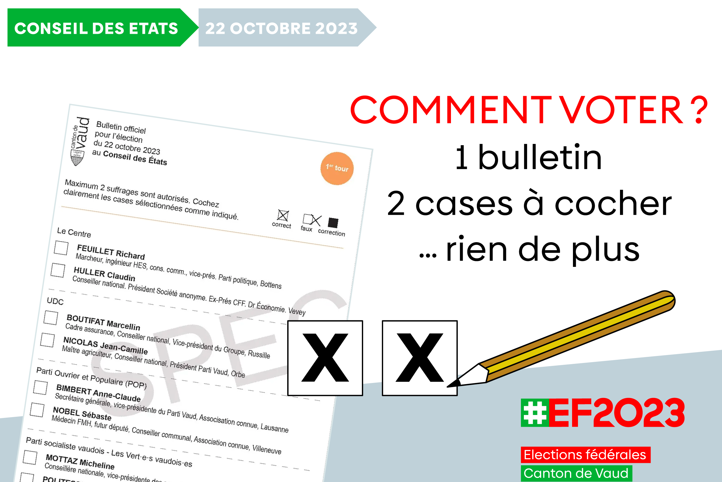 Reproduction du nouveau bulletin de vote avec le slogan: "1 bulletin, 2 cases à cocher, rien de plus" (pour le Conseil des Etats).