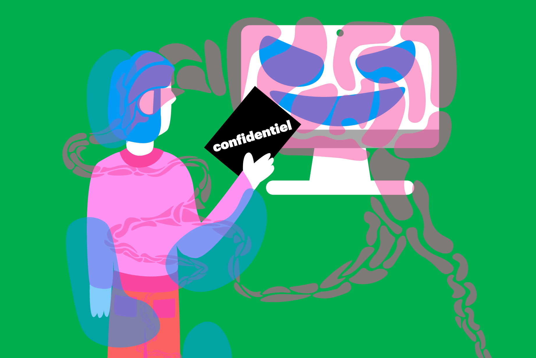 Illustration: un personnage au premier plan tend un document marqué "Confidentiel" vers un écran d'ordinateur dessiné en manière de visage d'ogre, monstrueux. Cet ordinateur étend des sortes de tentacules autour du personnage.