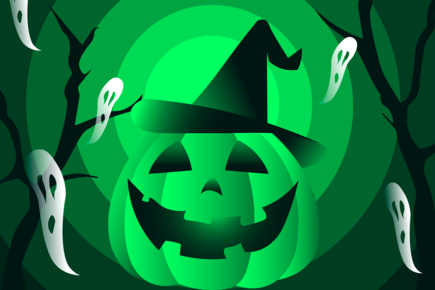 Dessin: une citrouille verte, coiffée d'un chapeau pointu de sorcière, avec des yeux triangulaires et une bouche largement fendue.
