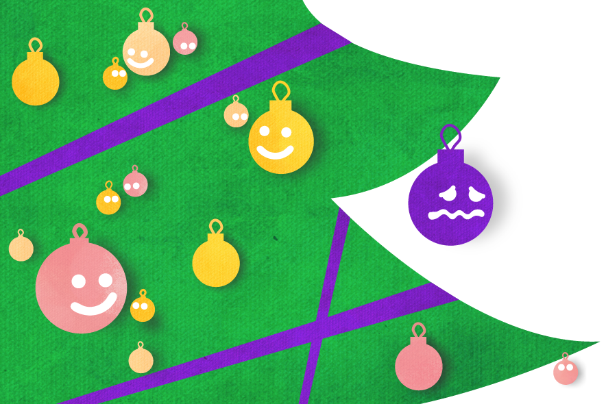 Illustration: un sapin de Noël garni de boules. Certaines boules sont souriantes, comme des emojis. Mais une, seule au bout d'une branche, paraît triste.