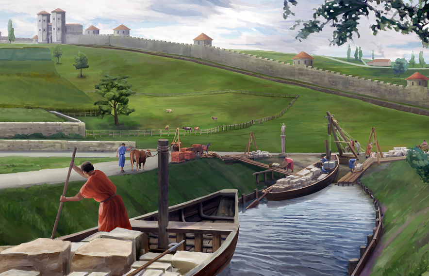Des barques à fond plat chargées de blocs de pierre sont sur le canal. Des hommes en toge s'activent dessus et autour. Un homme conduit un boeuf sur le chemin de halage. Au bout du canal, une grue pour transporter les blocs de pierre. 