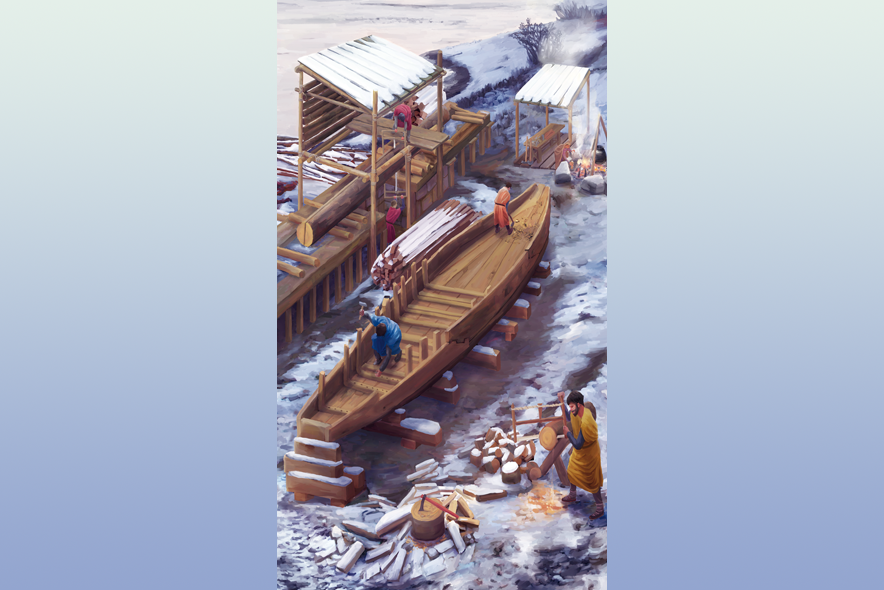 Des charpentiers s'activent autour d'une barque en construction, durant l'hiver (il y a de la neige). Au premier plan, un charpentier manoeuvre une scie. On voit deux couverts et un feu de bois.