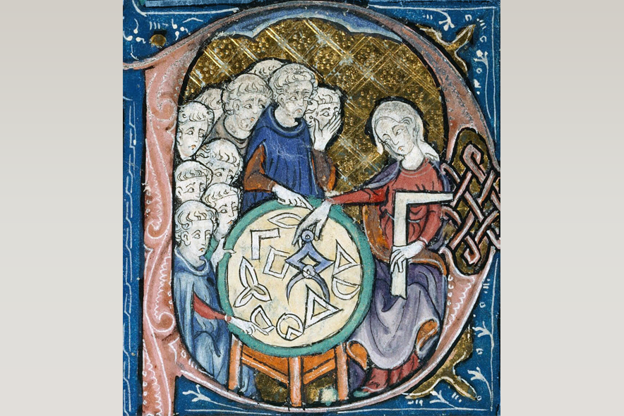 Enluminure médiévale. Une femme équipée d'un compas et une équerre semble enseigner la géométrie à des hommes.