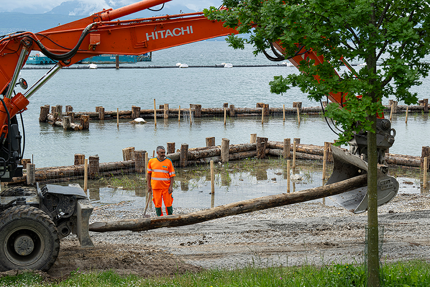 Les ouvriers du chantier de renaturation en action sur la rive