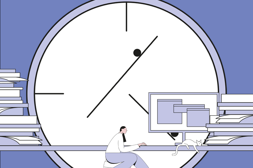 Illustration d'une grande horloge blanche en arrière-plan avec une dame sur un bureau entrain de travailler en premier plan
