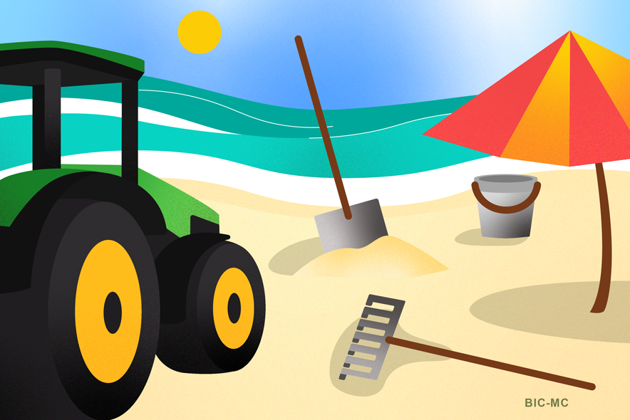 Illustration: une plage avec un parasol. Les petits jouets de plage habituels (râteau, sceau) sont en fait ceux qui servent aux travaux des champs. A gauche, un tracteur surgit, et ce n'est pas un jouet pour enfants non plus.