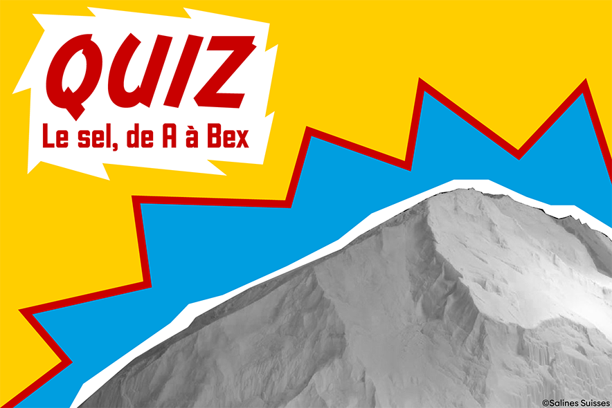 Illustration: Quiz Le sel, de A à Bex avec une image d'une montagne de sel sur un fond bleu et jaune.