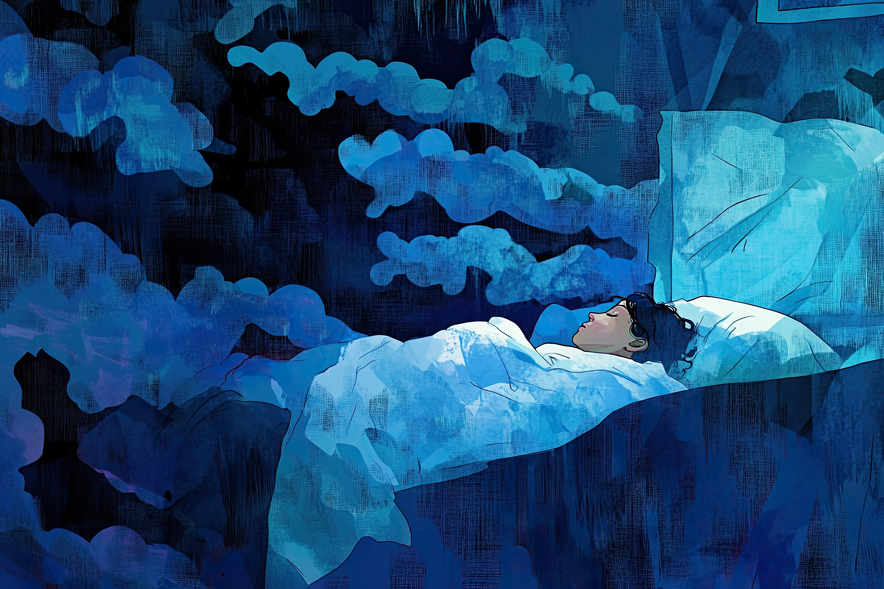 Illustration: une jeune personne dort paisiblement dans un lit, sous les couvertures, entourée de nuages.