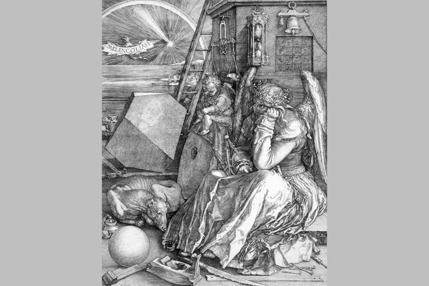 Dans une scène d’extérieur crépusculaire, une femme ailée et richement vêtue, la tête appuyée sur sa main gauche, semble perdue dans ses pensées. Derrière elle, une étrange construction ferme la composition à droite et, à gauche, le regard du spectateur s’ouvre sur un paysage maritime (ou lémanique, comme de récentes suppositions le laissent entendre (Dürer s’étant rendu plusieurs fois en Suisse). Un lévrier à ses pieds, un angelot à ses côtés et, autour d’elle, une multitude d’éléments épars: une sphère et un polyèdre, des objets divers, des outils qui gisent. 