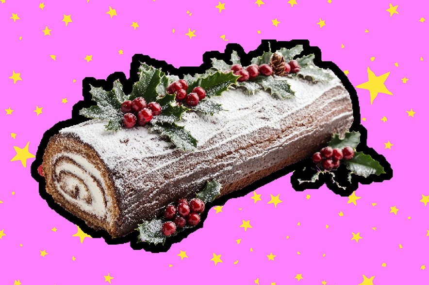 Illustration: une bûche pâtissière en toc décorée de houx sur un fond étoilé, très kitsch