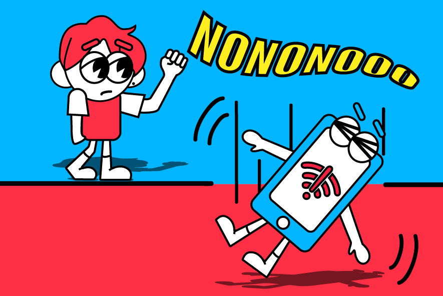 Illustration: un bonhomme face à un téléphone portable jeté au sol, affichant le symbole "pas de réseau". Au-dessus le mot "Noooonoooo"