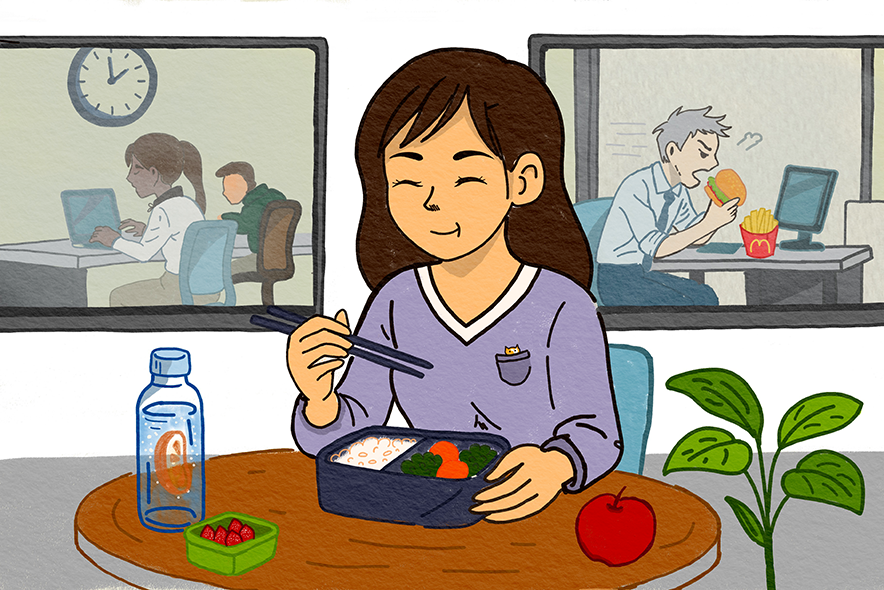 Dessin: une jeune femme mange à une table. Derrière elle, à travers deux fenêtres, on voit des collègues qui mangent devant leur bureau, tout en travaillant. Une horloge marque 12 heures 10