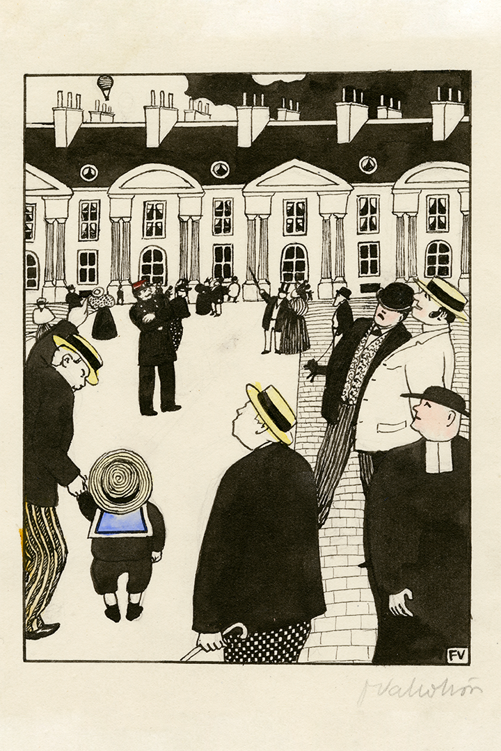 Des personnages (surtout des hommes) et quelques enfants sur une place publique, lèvent la tête. Au fond, au-dessus d'un immeubles à colonnes, une mongolfière se détache dans le ciel, en tout petit.