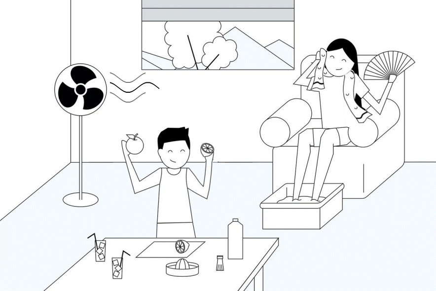 Dessin avec animation: des enfants à la maison. Un ventilateur tourne. Le gaçon se prépare une citronade. La fille a les pieds dans un baquet d'eau et une serviette autour des épaules. Le store est à moitié baissé.