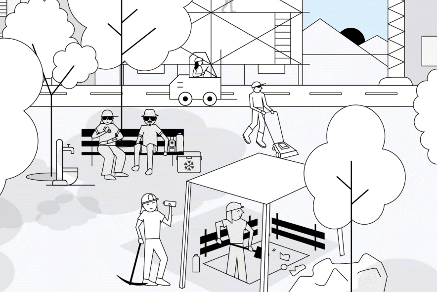 Dessin avec animation: scène de rue avec des ouvriers travaillant sur la chaussée, une personne donnant un biberon à un enfant sur un banc public avec une glacière, près d'un robinet public.
