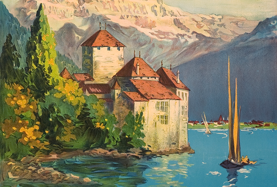 Une lithographie, on y voit le chateau de chillon avec les dents du midi en fond. un bateau à voile est également posé sur le Léman