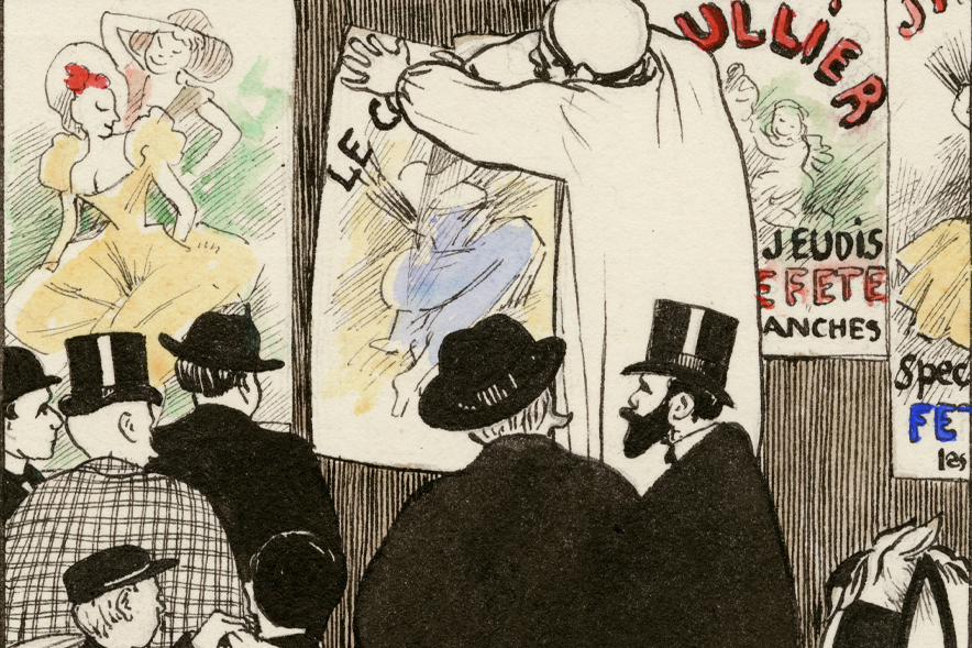 Des hommes en chapeau gibus vêtus de sombre et quelques adolescents assistent au collage d'affiches aux couleurs vives pour des spectacles de cancan. Tout à droite, un cheval blanc avec des oeillères.