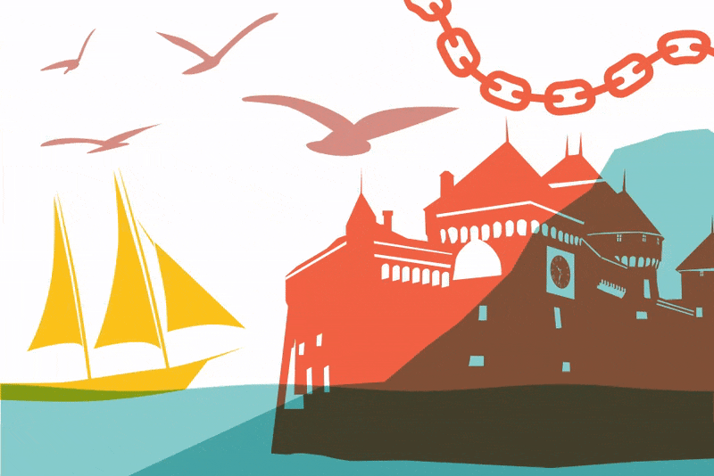 Une illustration du château de chillon en rouge posé sur le Léman. On voit également un bâteau à voile jaune et des mouettes dans le ciel.