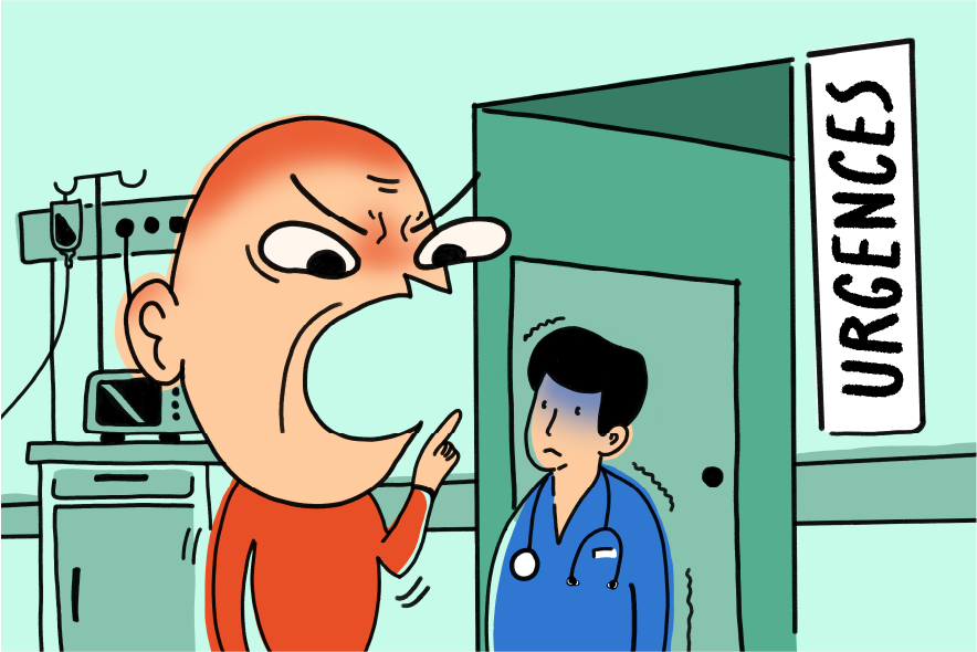 Dessin: un homme rougeaud à la gueule grande ouverte semble vociférer à l'hôpital. Le décor est vert. On voit un grand panneau URGENCES. Dans l'encadrement d'une porte, un infirmier en blouse bleue tremble en l'écoutant.