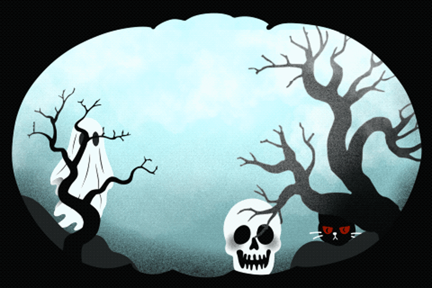 Illustration sur le thème d'Halloween : on voit un fantôme, un crâne, un chat noir aux yeux rouges et des arbres dans le fond