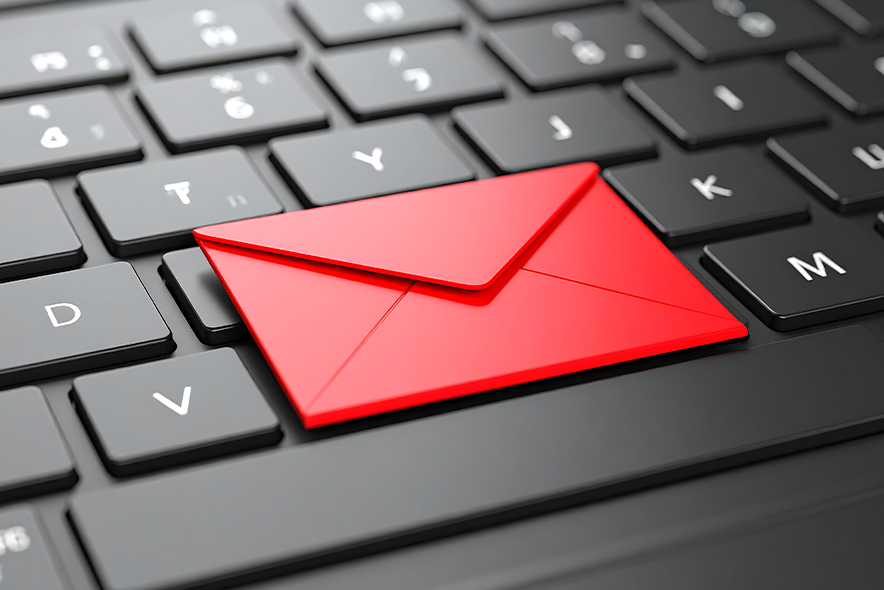 Illustration: un clavier d'ordinateur avec une enveloppe rouge lumineuse posée sur les touches.