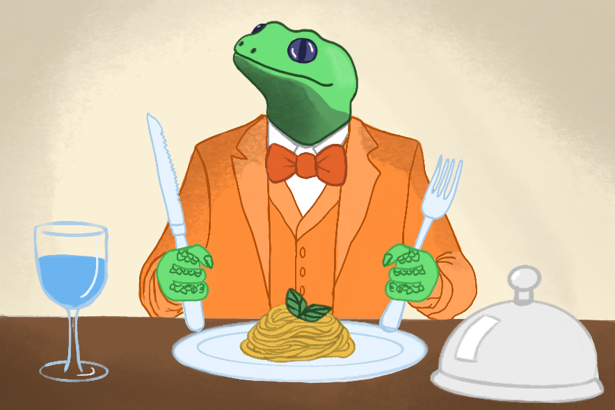 Dessin: un lézard vert dans un costume orange avec noeud papillon, tient sa fourchette et son couteau dressés et s'apprête à attaquer une assiette de spaghettis.