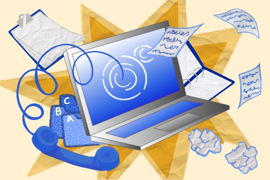 un laptop, un téléphone, un bloc-notes, des notes qui semblent voler...