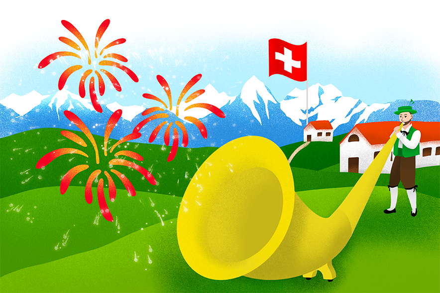 Dessin avec un cor des alpes en premier plan joué par un vaudois en costume traditionnel. Des feux d'artifice sont dans le ciel. Des montagnes et un drapeau suisse sont en arrière plan.