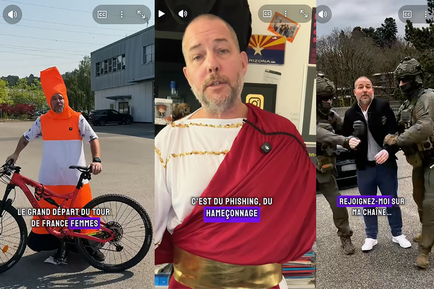 Trois images: François Nanchen apparaît successivement déguisé en cône de chantier, en tenue de Romain, et en veston, encadré de deux flics de choc style "Robocop".