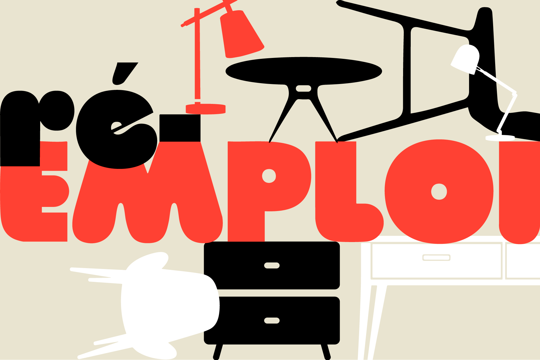 Une illustration digitale représentant des meubles avec le mot "réemploi" affiché au milieu.