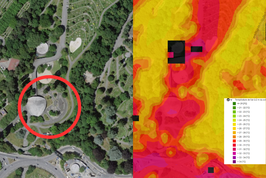 A gauche, vue aérienne de la Vallée de la Jeunesse à Lausanne. A droite, carte climatique du même endroit à 14h.