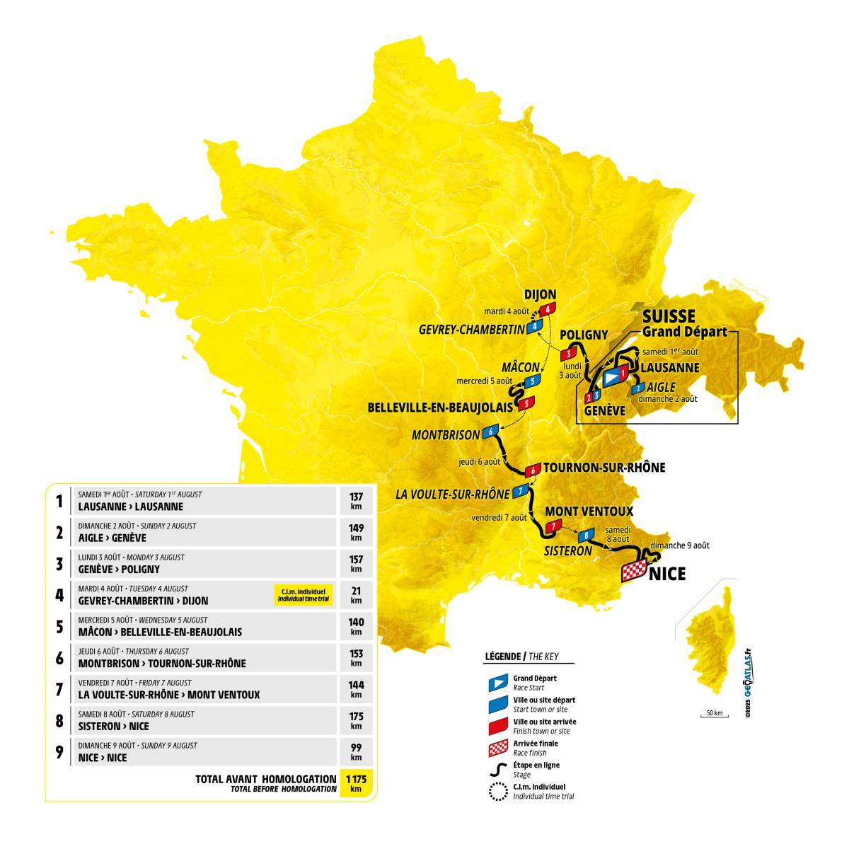carte: le Tour se déroule dans le quart sud-est de la France
